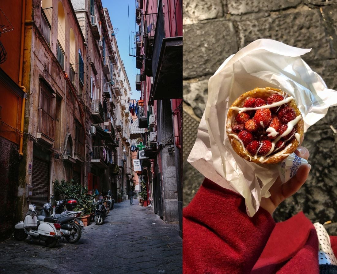 משמאל: סמטאות בעיר העתיקה של נאפולי. מימין: פאי תות-שדה, קינוח אופייני