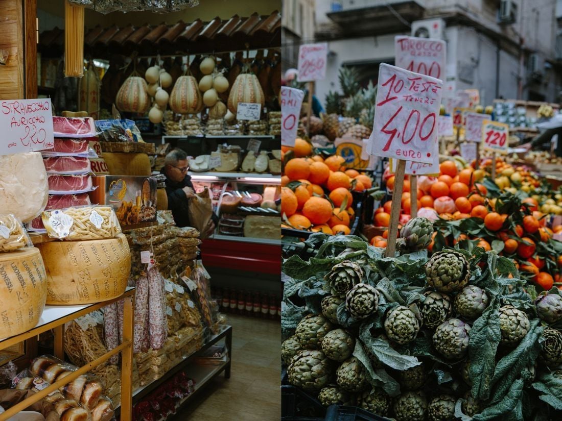 מימין: דוכן ירקות. משמאל: חנות גבינות